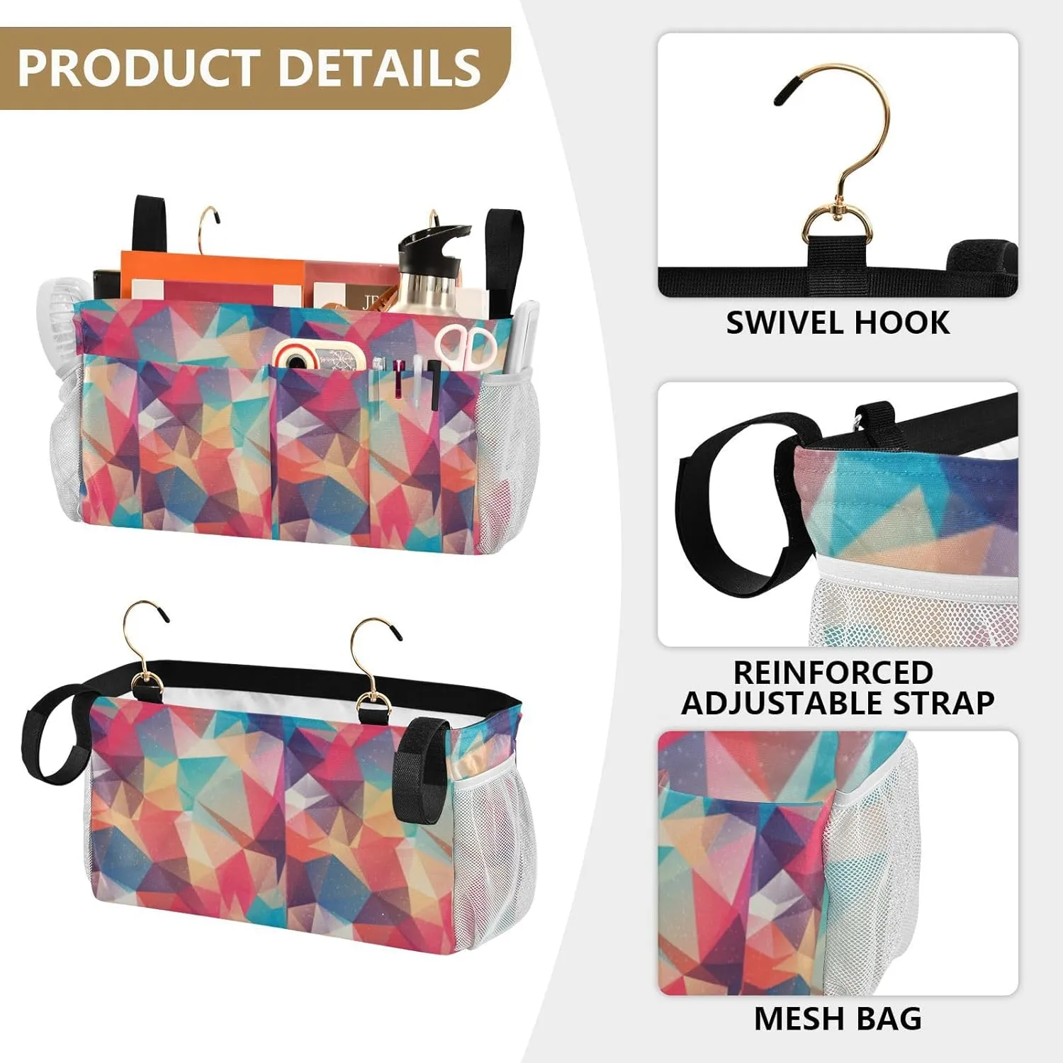 Abstract Seamless Triangles in Colorful Gradient Iron Frame Bedside Hanging Bag Magazine Holders Bedside Bag With Hooks for Dorm Bed Bunk Bed 14.2 x 4.9 x 7.9 inch
