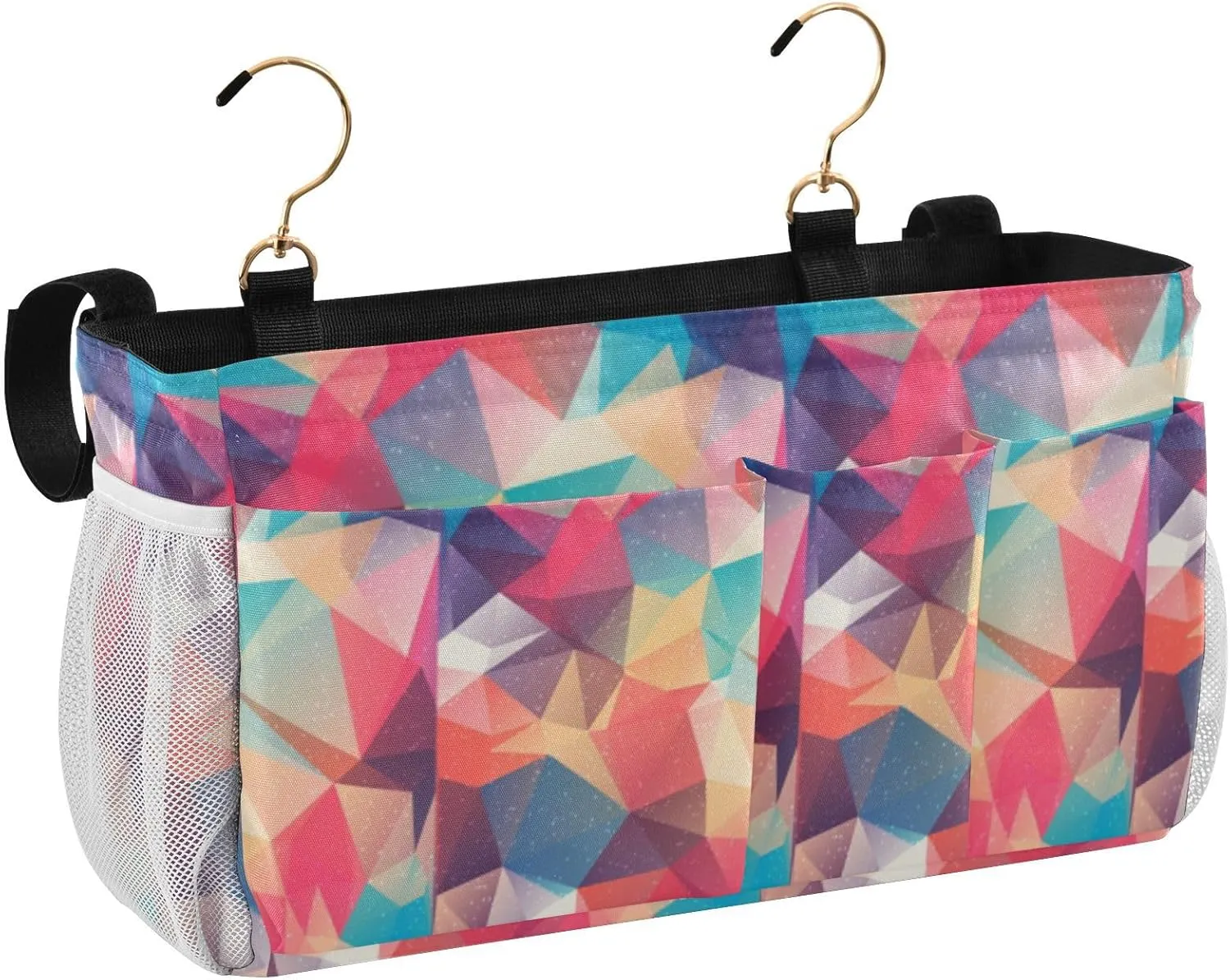 Abstract Seamless Triangles in Colorful Gradient Iron Frame Bedside Hanging Bag Magazine Holders Bedside Bag With Hooks for Dorm Bed Bunk Bed 14.2 x 4.9 x 7.9 inch