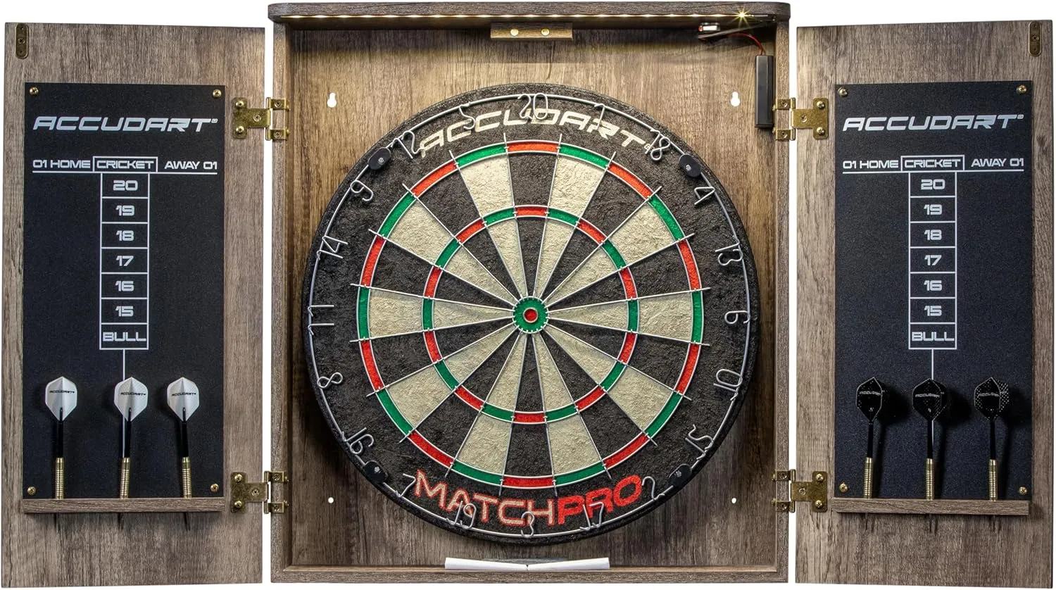 Accudart Match Pro Dartboard Cabinet Set - Official Size - Self Healing Sisal - Modern Style Woodgrain - Two Built-in Dartholders - LED Lighting - Includes Scoreboard, Chalk, Eraser, and Six Darts