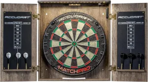 Accudart Match Pro Dartboard Cabinet Set - Official Size - Self Healing Sisal - Modern Style Woodgrain - Two Built-in Dartholders - LED Lighting - Includes Scoreboard, Chalk, Eraser, and Six Darts