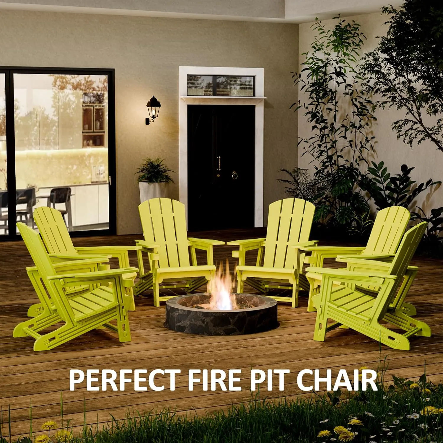 Adirondack Chair, Plastic Outdoor Chair Without Screws Install，Patio Chair with Cup Holder, 400 LBS Capacity Recliner Chairs Garden Chair for Backyard, Lawn Beach, Yellow