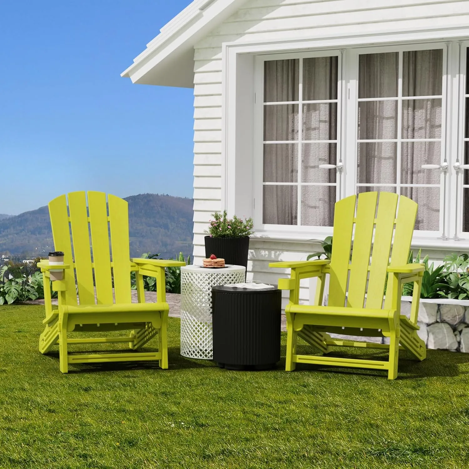 Adirondack Chair, Plastic Outdoor Chair Without Screws Install，Patio Chair with Cup Holder, 400 LBS Capacity Recliner Chairs Garden Chair for Backyard, Lawn Beach, Yellow