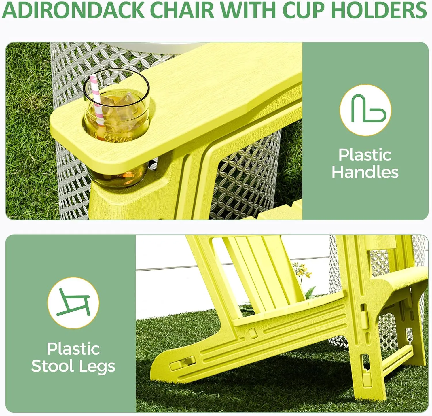 Adirondack Chair, Plastic Outdoor Chair Without Screws Install，Patio Chair with Cup Holder, 400 LBS Capacity Recliner Chairs Garden Chair for Backyard, Lawn Beach, Yellow