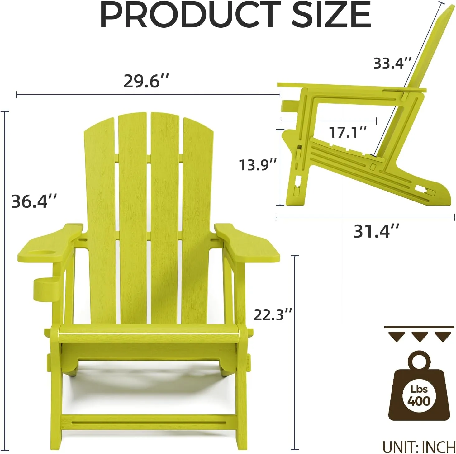 Adirondack Chair, Plastic Outdoor Chair Without Screws Install，Patio Chair with Cup Holder, 400 LBS Capacity Recliner Chairs Garden Chair for Backyard, Lawn Beach, Yellow