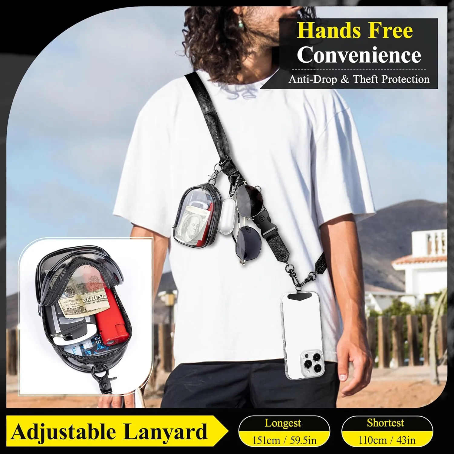 Adjustable Crossbody Phone Lanyard: 2 in 1 Crossbody Multifunctional Cell Phone Lanyard for iPhone with Clear Bag
