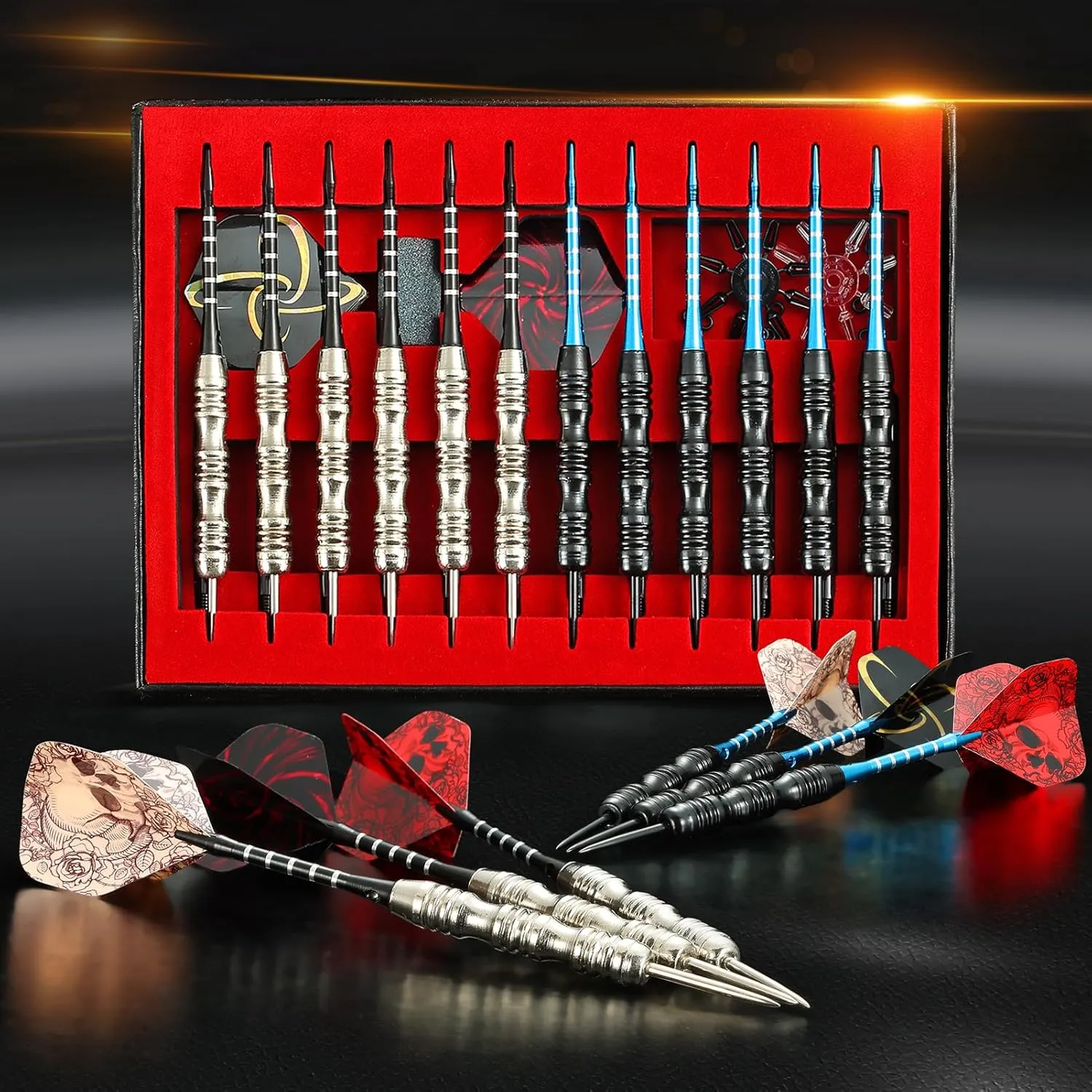 ADKX Steel Tip Darts 12 Pack Set with Nonslip Iron Barrel Aluminum Dart Shafts and Flights   Darts Sharpener   an Gift Box