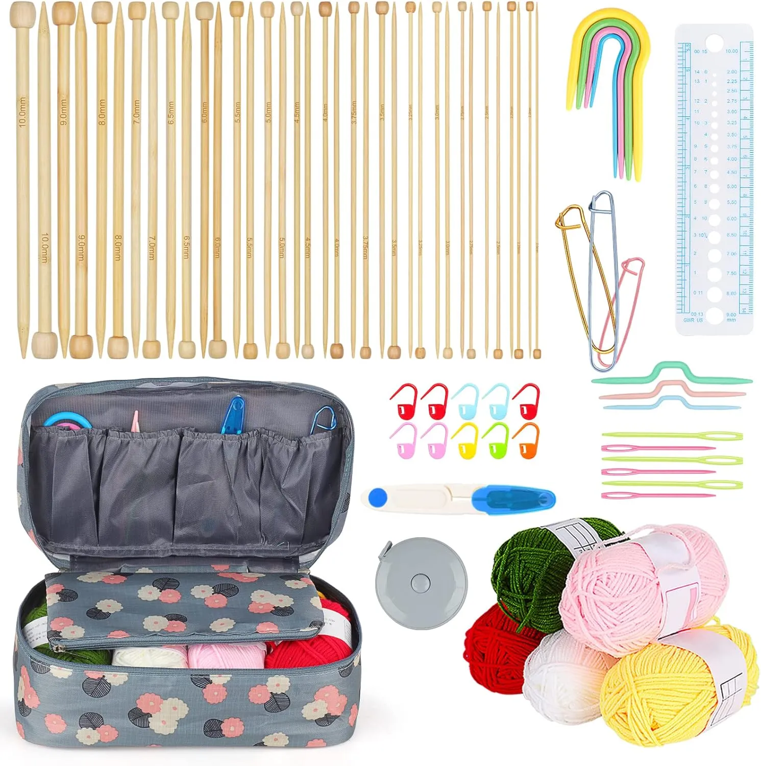 Aeelike Knitting Kit for Beginners Adults, 18 Pairs of Wooden Knitting Needles Set 2mm to 10mm, Bamboo Knitting Starter Kit with Yarn and Accessories Storage Bag, Blue Flower