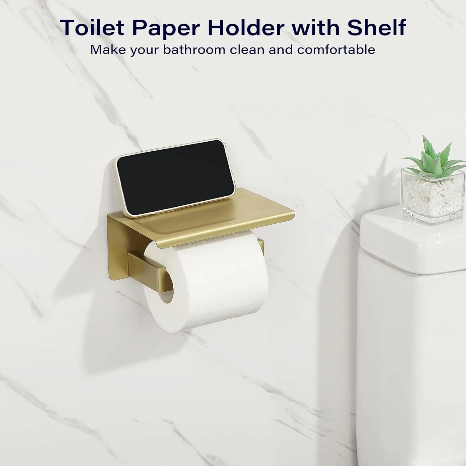 Alise Toilet Paper Holder,Bathroom Tissue Holder with Shelf,SUS304 Stainless Steel Toilet Paper Roll Holder Storage Dispenser,Self Adhesive or Wall Mount Drilling Paper Rack, Gold GYT5000-G