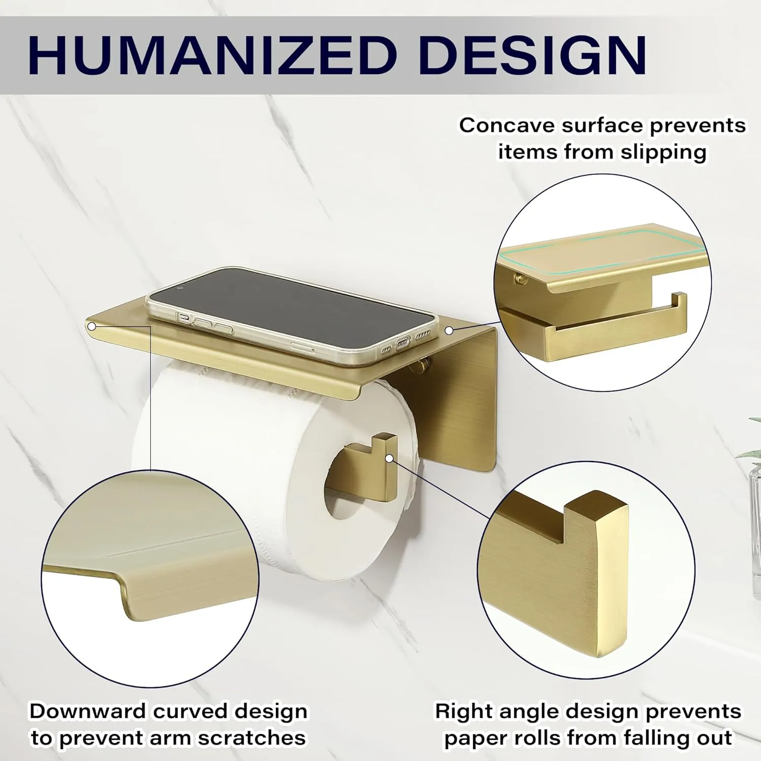 Alise Toilet Paper Holder,Bathroom Tissue Holder with Shelf,SUS304 Stainless Steel Toilet Paper Roll Holder Storage Dispenser,Self Adhesive or Wall Mount Drilling Paper Rack, Gold GYT5000-G