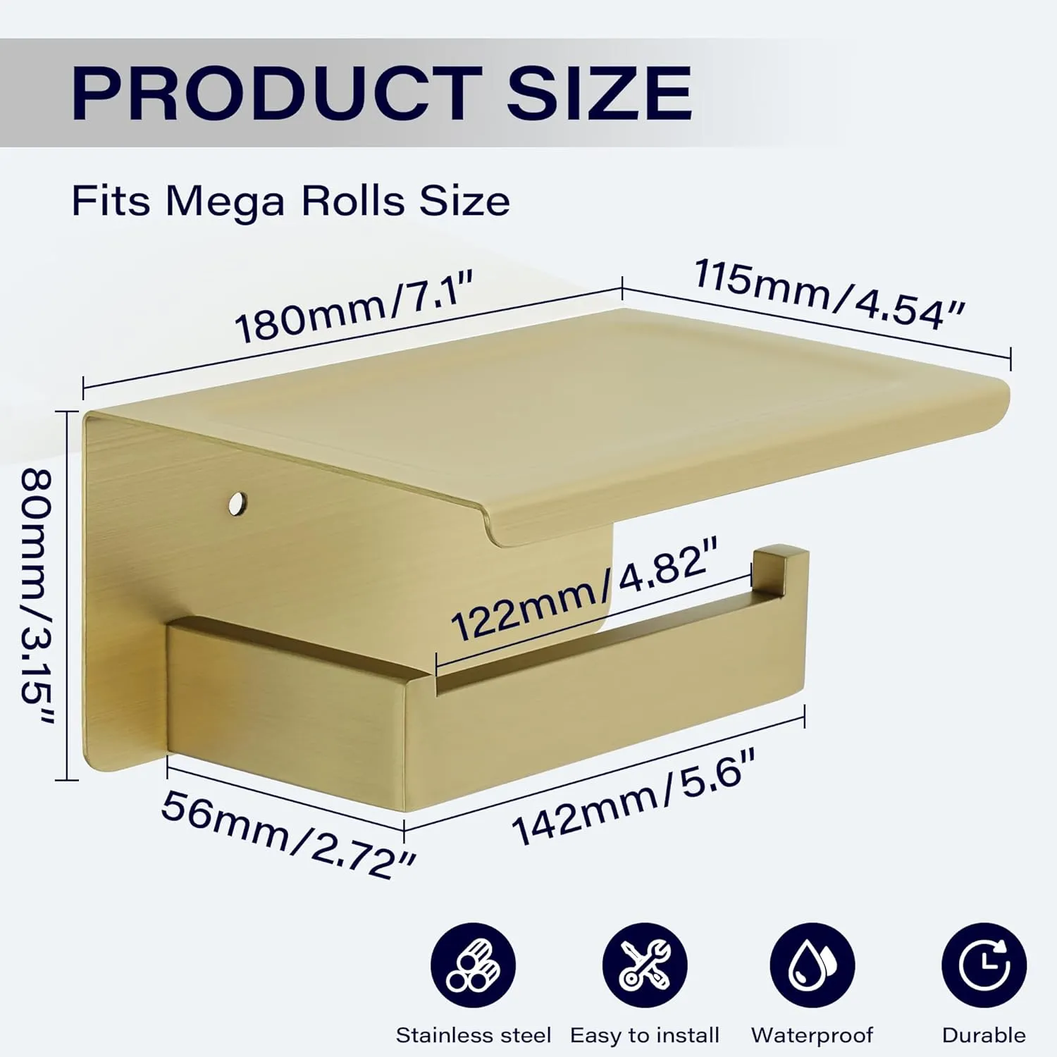 Alise Toilet Paper Holder,Bathroom Tissue Holder with Shelf,SUS304 Stainless Steel Toilet Paper Roll Holder Storage Dispenser,Self Adhesive or Wall Mount Drilling Paper Rack, Gold GYT5000-G