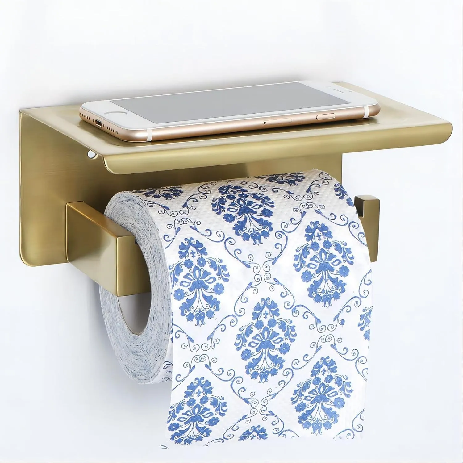 Alise Toilet Paper Holder,Bathroom Tissue Holder with Shelf,SUS304 Stainless Steel Toilet Paper Roll Holder Storage Dispenser,Self Adhesive or Wall Mount Drilling Paper Rack, Gold GYT5000-G
