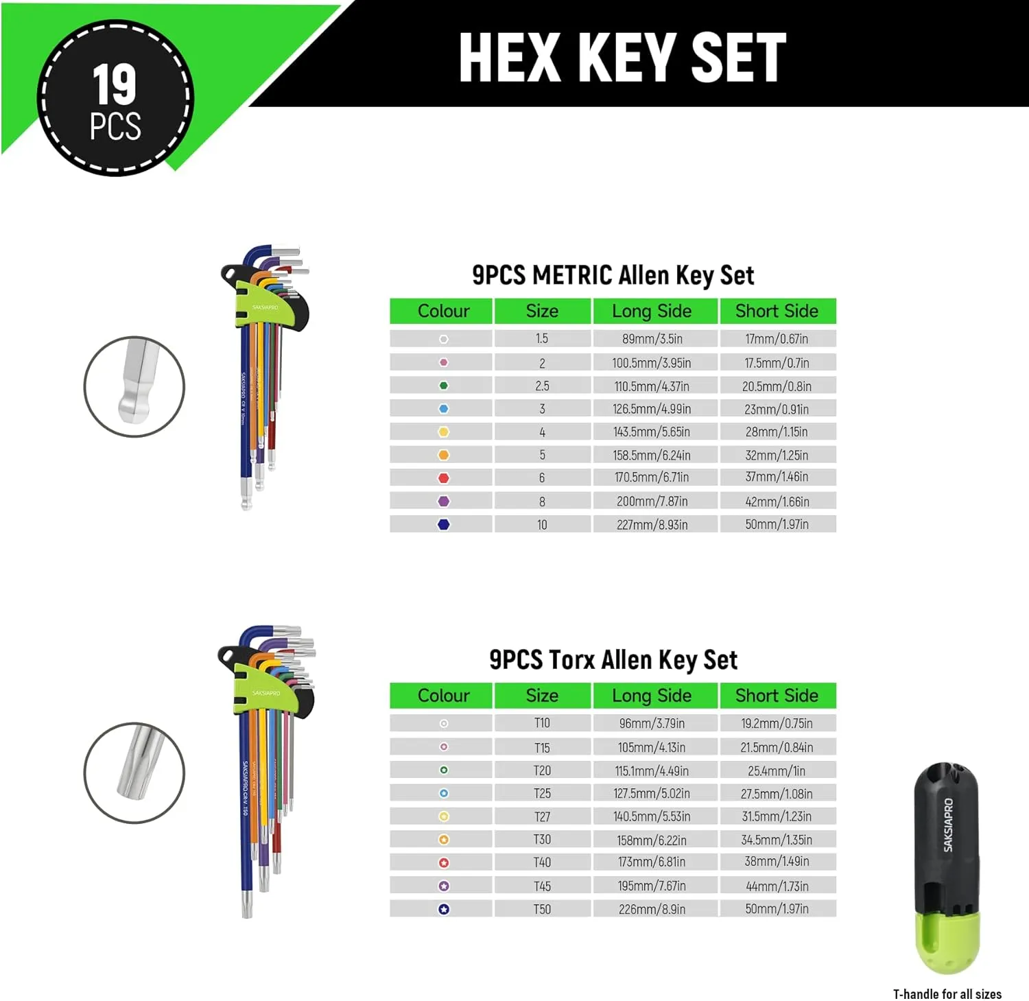 Allen Wrenches Sets, 19pcs Allen Key Set with Ball End & T Handle, Metric(1.5mm-10mm) and Torx Star(T10-T50) Hex Key Set for Bicycle and Home Repair