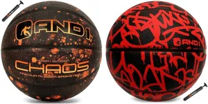 AND1 Chaos Basketball: Official Regulation Size 7 (29.5 inches) Rubber - Deep Channel Construction & Fantom Rubber Basketball & Pump (Graffiti Series)- Official Size 7 (29.5”) Streetball