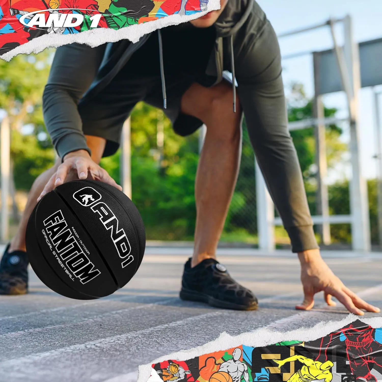 AND1 Fantom Rubber Basketball: Official Regulation Size 7 (29.5 inches) Rubber Basketball - Deep Channel Construction Streetball, Made for Indoor Outdoor Basketball Games