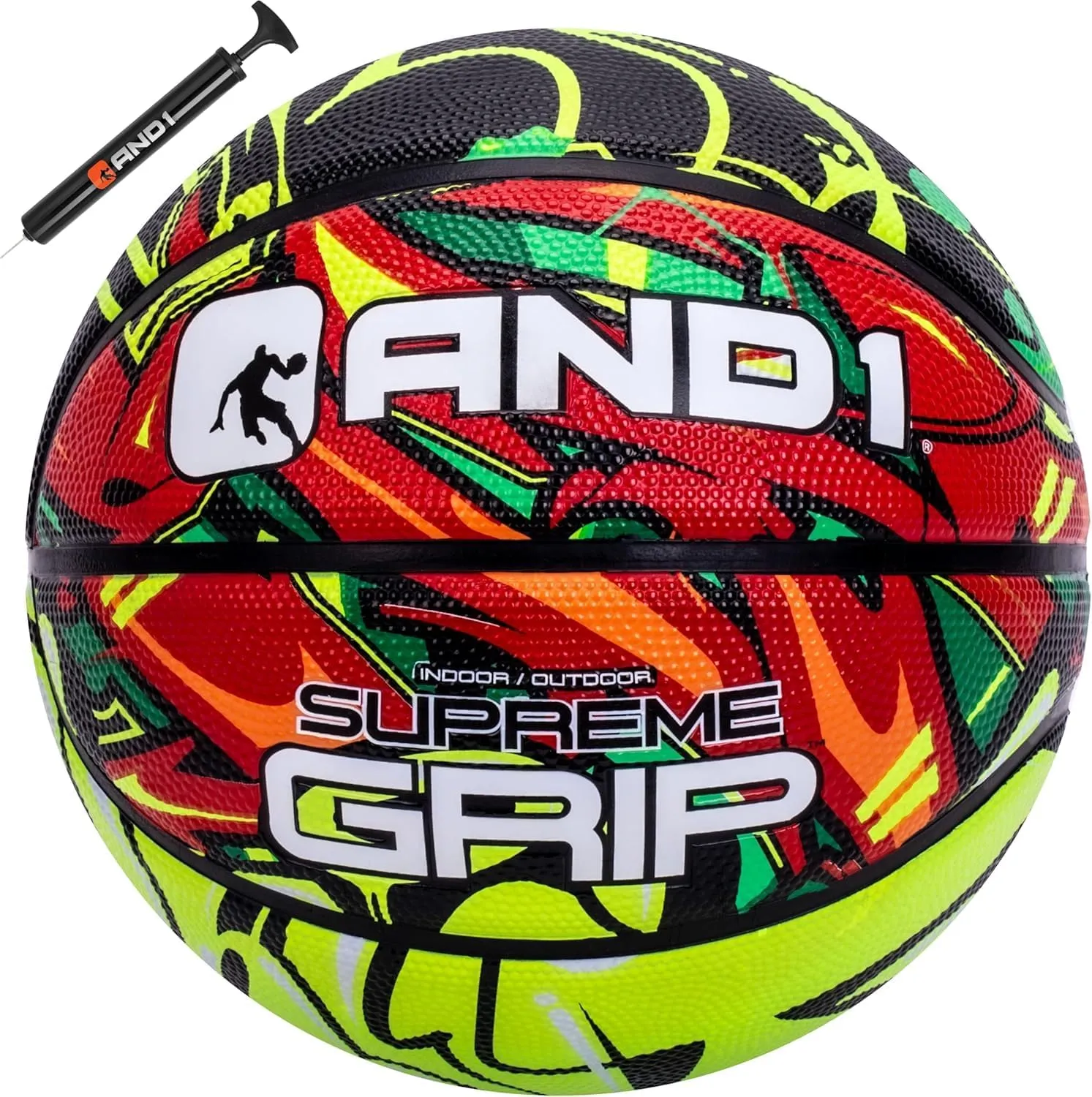 AND1 Supreme Grip Official Regulation Size 7 (29.5 inches) Rubber Basketball - Deep Channel Construction Streetball, Made for Indoor Outdoor Games