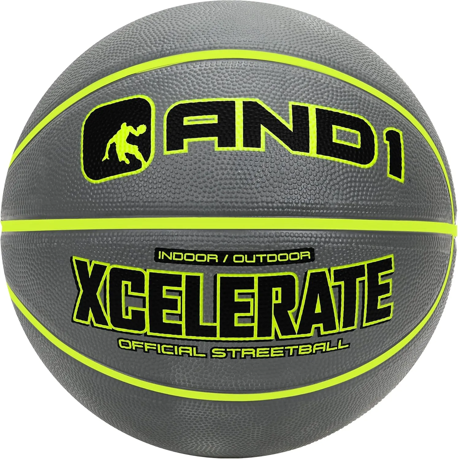 AND1 Xcelerate Rubber Basketball (Two-Tone Series)- Official Size 7 (29.5”) Streetball, Made for Indoor and Outdoor Basketball Games (Grey/Volt)