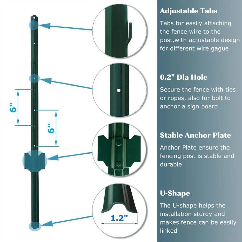 Angel Sar 48 in. x 1.2 in. x 1.2 in. Metal Fence Post U Post Green for Garden Wire Fence Steel Garden Post Sign Post (10-Pack)