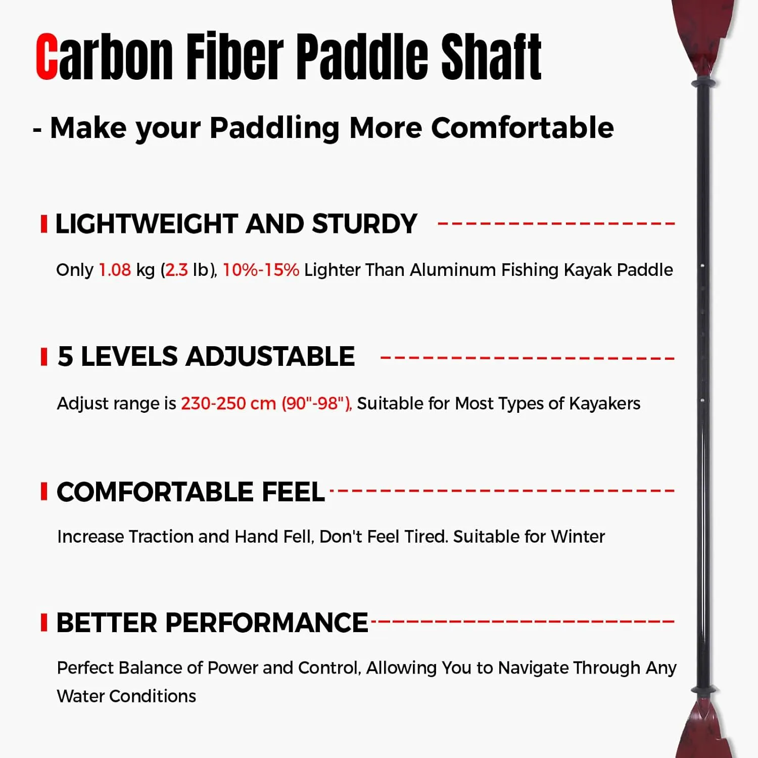 Angler Kayak Paddles Carbon Fiber Shaft and Plastic Blade, Floating Adjustable Fihsing Kayak Oars with Paddle Leash, 230-250cm/90-98 inch