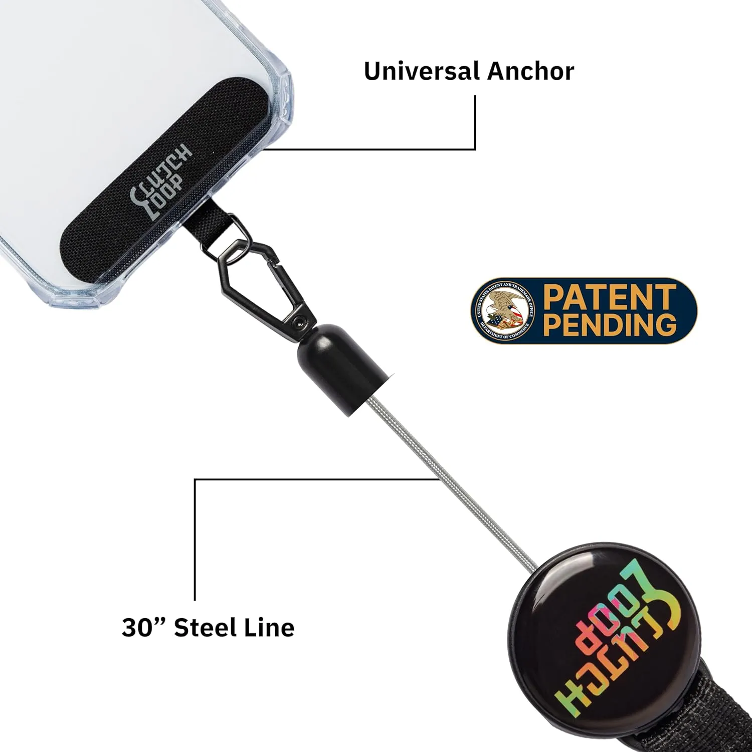 Anti-Theft Phone Tether. Retractable steel line, Universal anchor & Locking carabiner