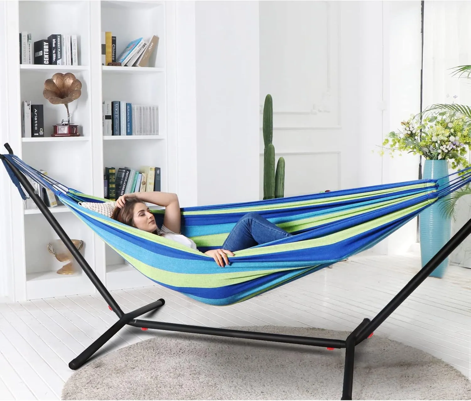 Anyoo Double Cotton Hammock with Space Saving Foldable Heavy Duty Steel Stand, Additional Suspension Straps,2 Carabiners for Outdoors Use,550 lb Capacity,Portable Carrying Bag