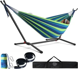 Anyoo Double Cotton Hammock with Space Saving Foldable Heavy Duty Steel Stand, Additional Suspension Straps,2 Carabiners for Outdoors Use,550 lb Capacity,Portable Carrying Bag