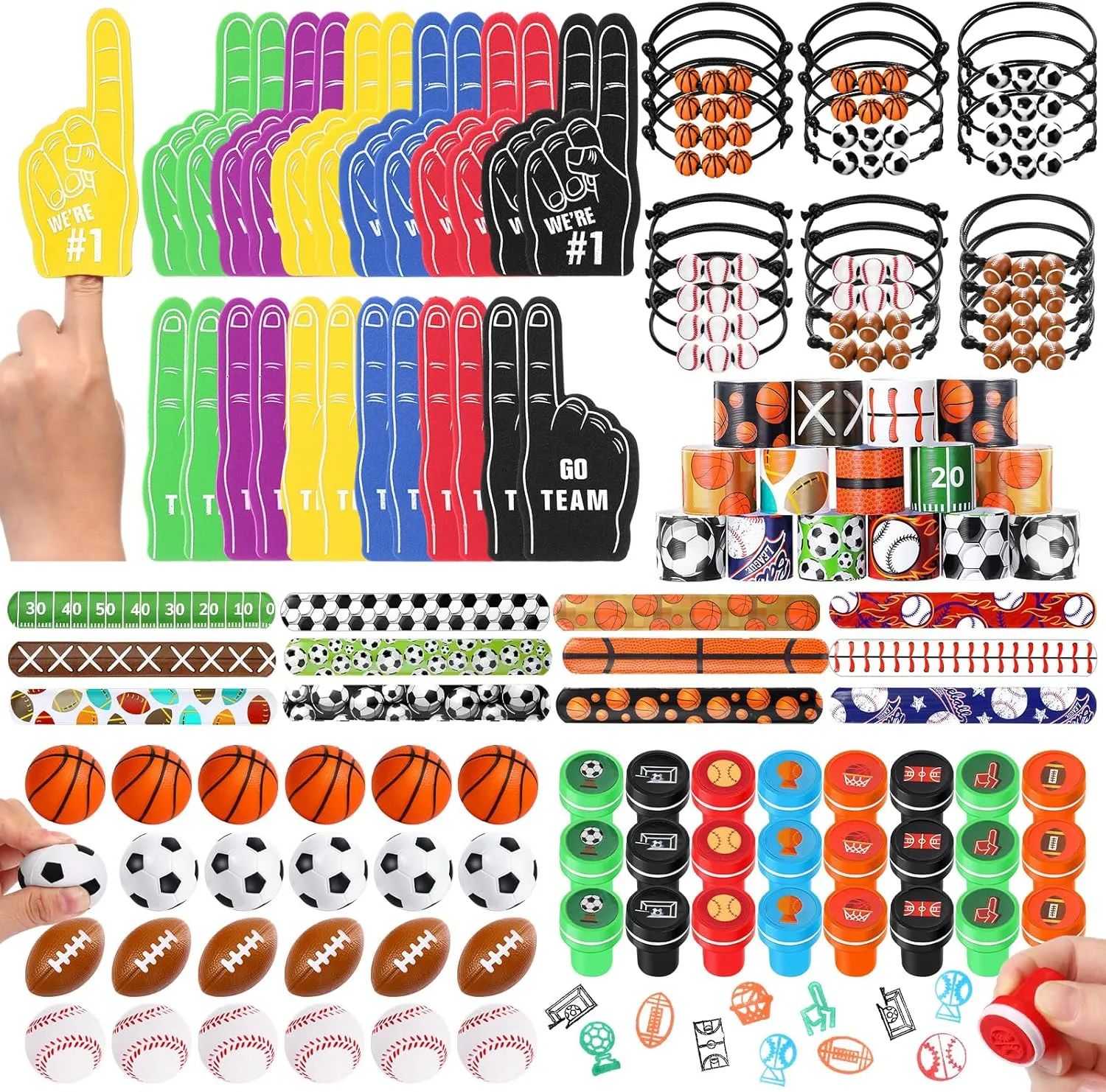 Aoriher 120 Pcs Sport Balls Party Favors Set Serve 24, Basketball Football Soccer Goodie Foam Finger Mini Stress Ball Slap Bracelet Charm Bracelet Stamp for Kids Party Supplies