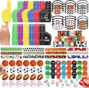 Aoriher 120 Pcs Sport Balls Party Favors Set Serve 24, Basketball Football Soccer Goodie Foam Finger Mini Stress Ball Slap Bracelet Charm Bracelet Stamp for Kids Party Supplies