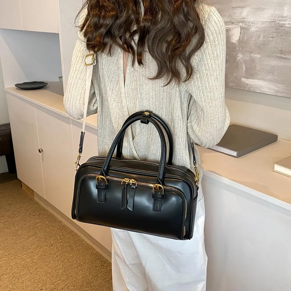Arcadie PU Leather Top Handle Bag Multi-Pocket Bowling Bag Hobo Boston Tote Crossbody Shoulder Bag for Work Travel