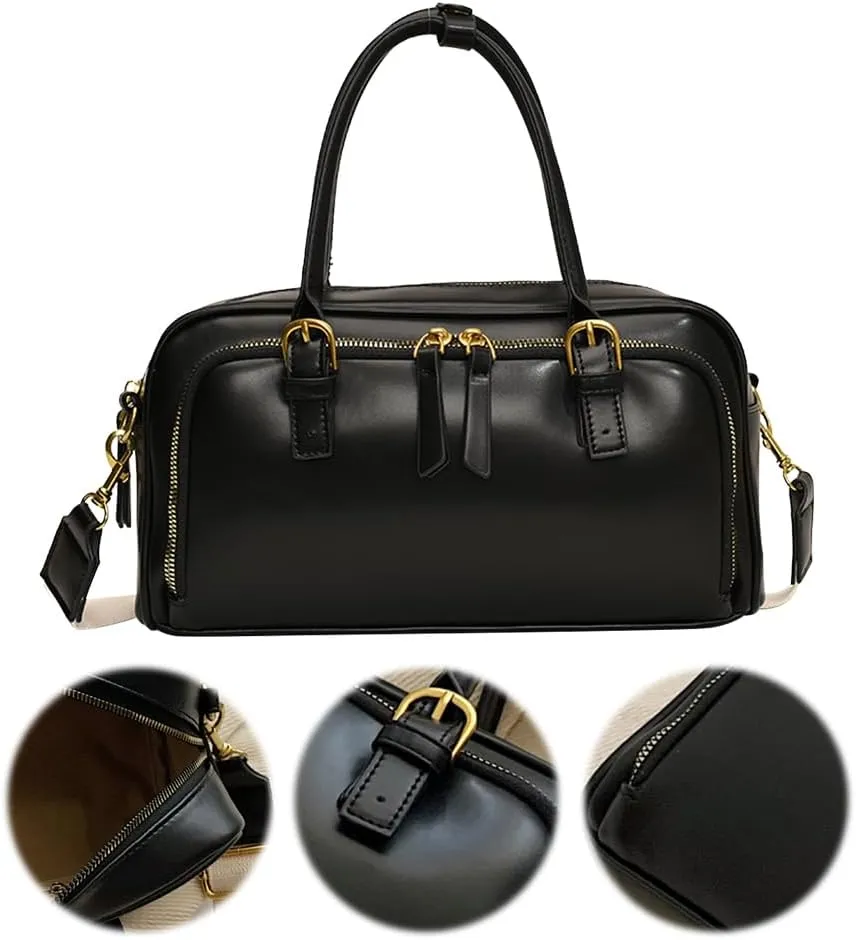 Arcadie PU Leather Top Handle Bag Multi-Pocket Bowling Bag Hobo Boston Tote Crossbody Shoulder Bag for Work Travel