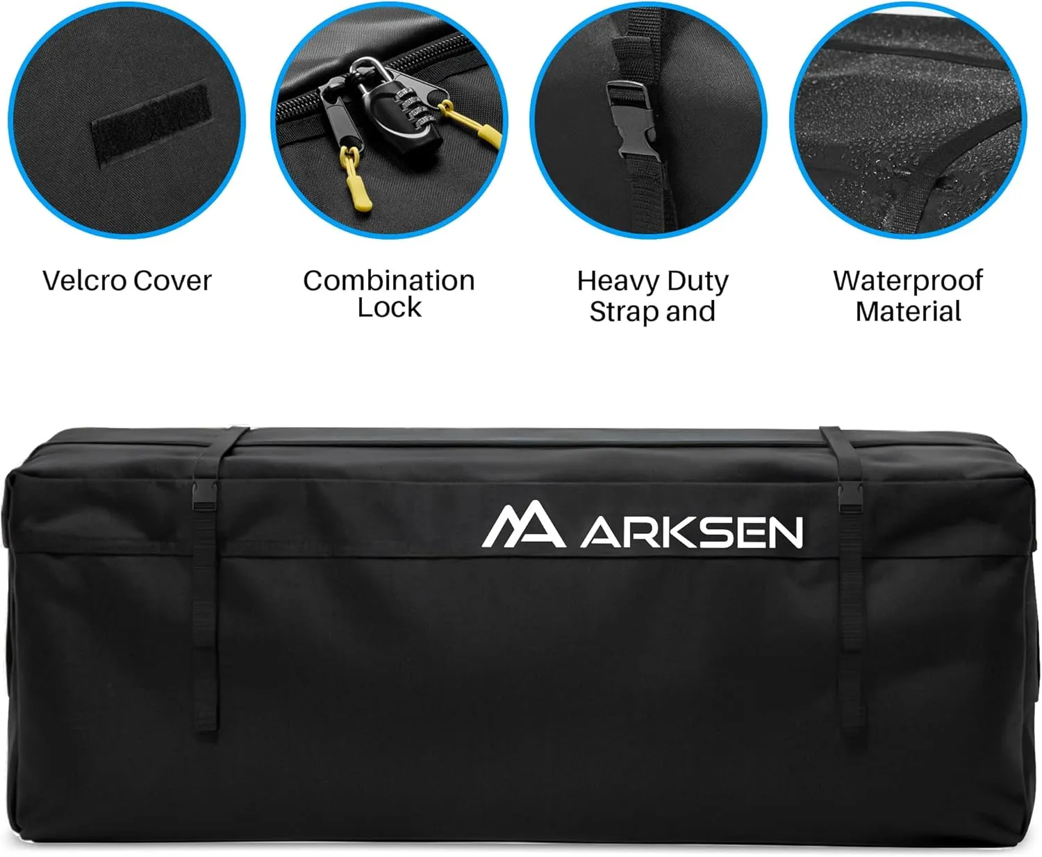 ARKSEN 600D PVC Waterproof Roof Cargo Bag with Lock, Nylon Net, Hitch Stabilizer, 2 Ratchet Straps for SUV, Truck, Van with/Without Rack