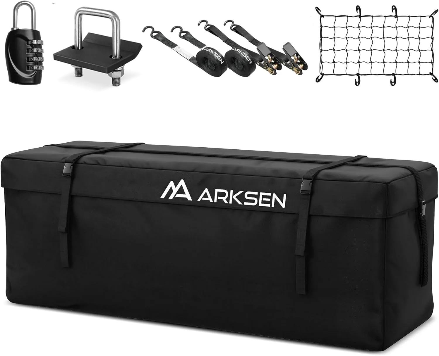 ARKSEN 600D PVC Waterproof Roof Cargo Bag with Lock, Nylon Net, Hitch Stabilizer, 2 Ratchet Straps for SUV, Truck, Van with/Without Rack