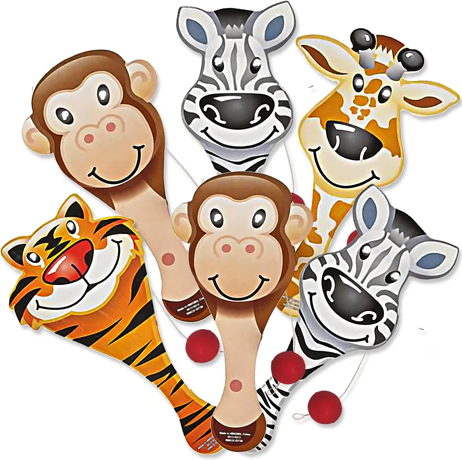 ArtCreativity Zoo Animal Paddle Ball with String, 9-Inch Wooden Paddleball, Pack of 12 Assorted Animal Designs, Jungle Themed Birthday Party Favors, Goodie Bag Fillers, Summer Fun Beach Toys for Kids