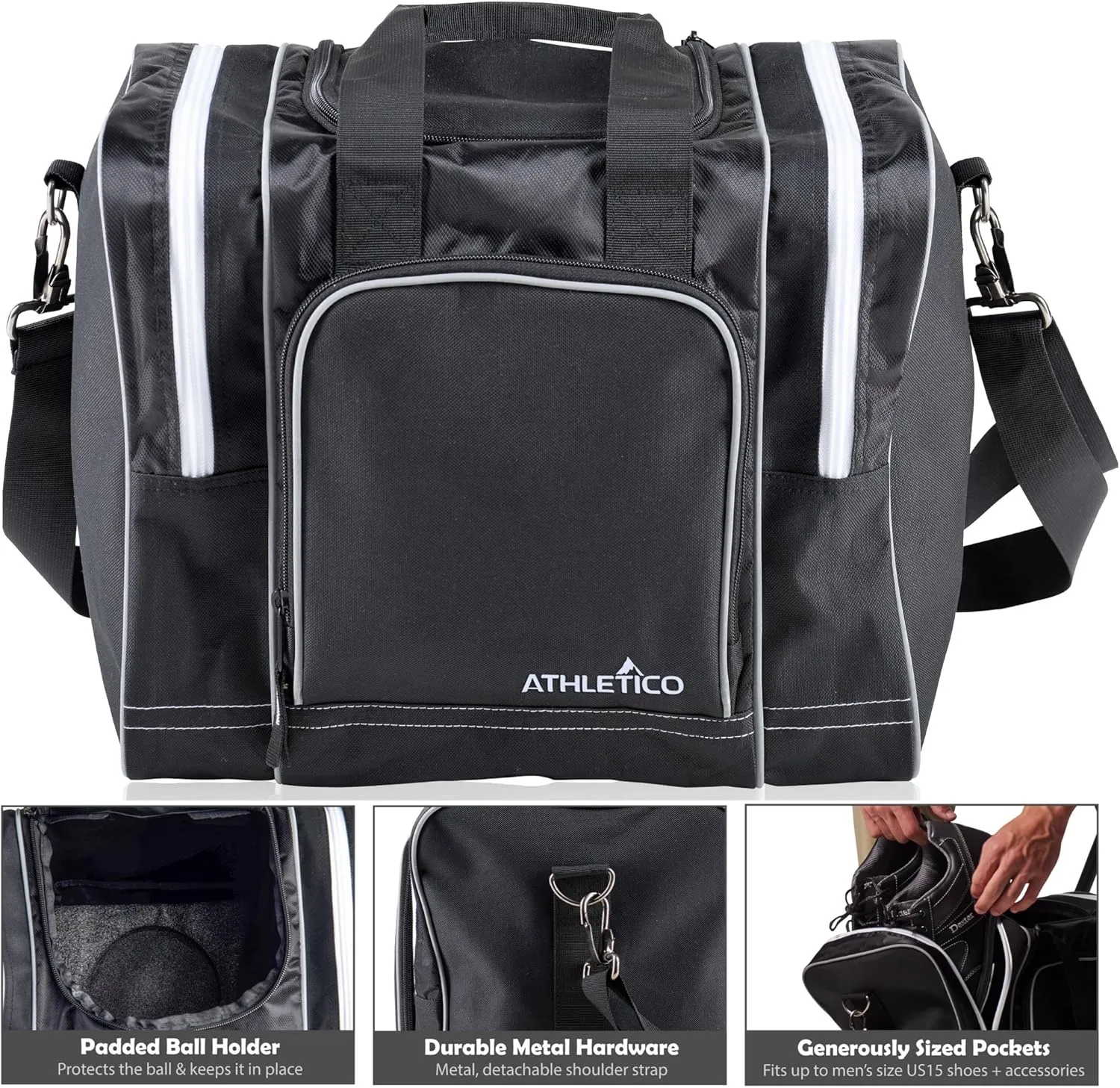 Athletico Bowling Bag for Single Ball - Single Ball Tote Bag With Padded Ball Holder - Fits a Single Pair of Bowling Shoes Up to Mens Size 14