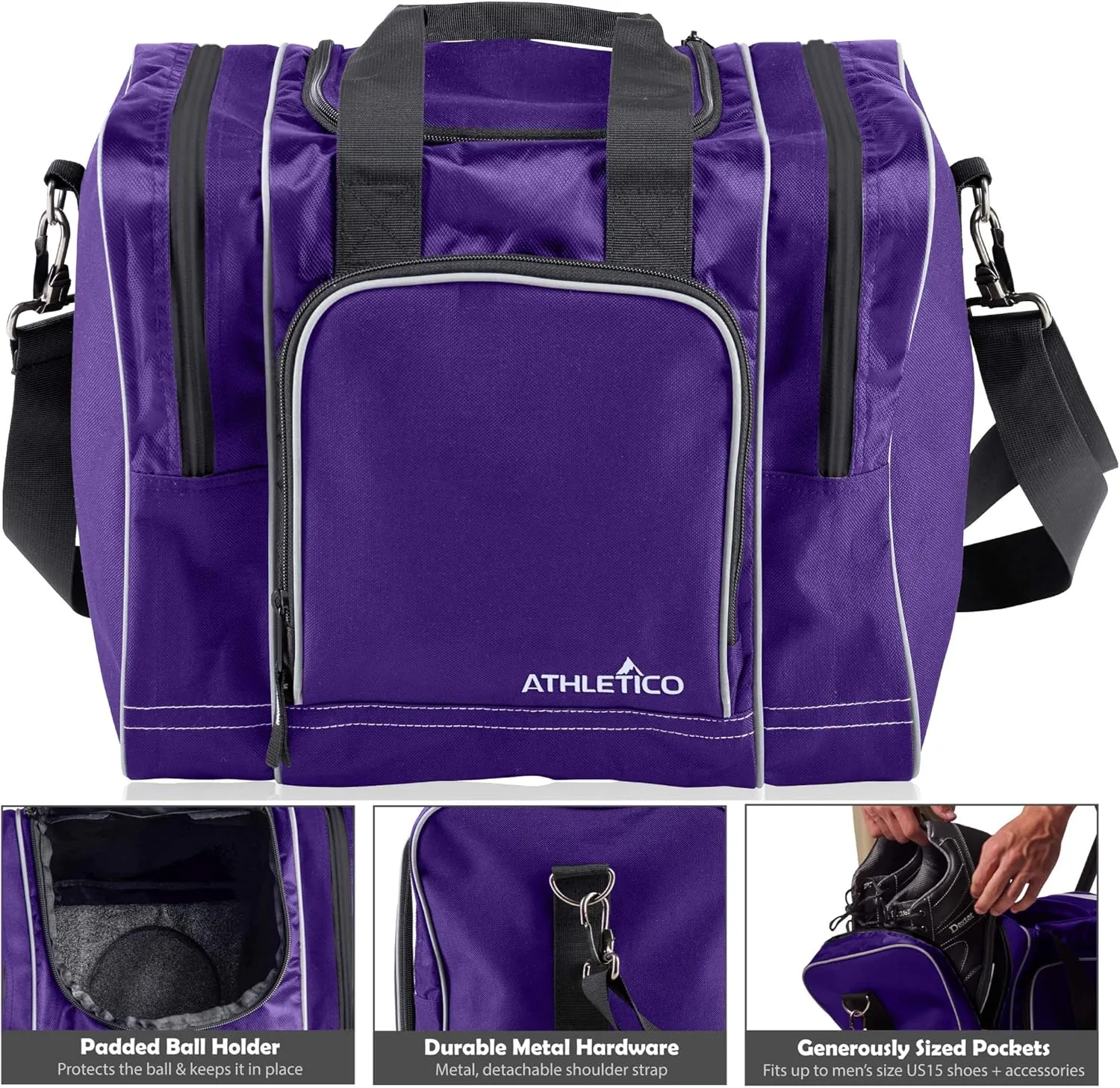 Athletico Bowling Bag for Single Ball - Single Ball Tote Bag With Padded Ball Holder - Fits a Single Pair of Bowling Shoes Up to Mens Size 14