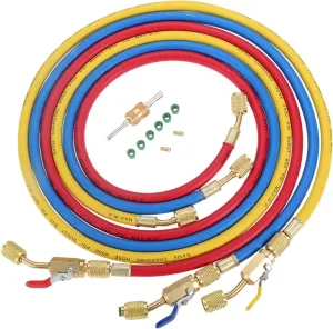 Aupoko AC Refrigerant Charging Hose with Ball Valve, 3-Color 60" R410A HVAC Hoses Kit with 1/4’’ SAE Thread, with Valve Core Remover Kit for R410A R134A R12 R22 R502 R404 Air Condition Maintenance