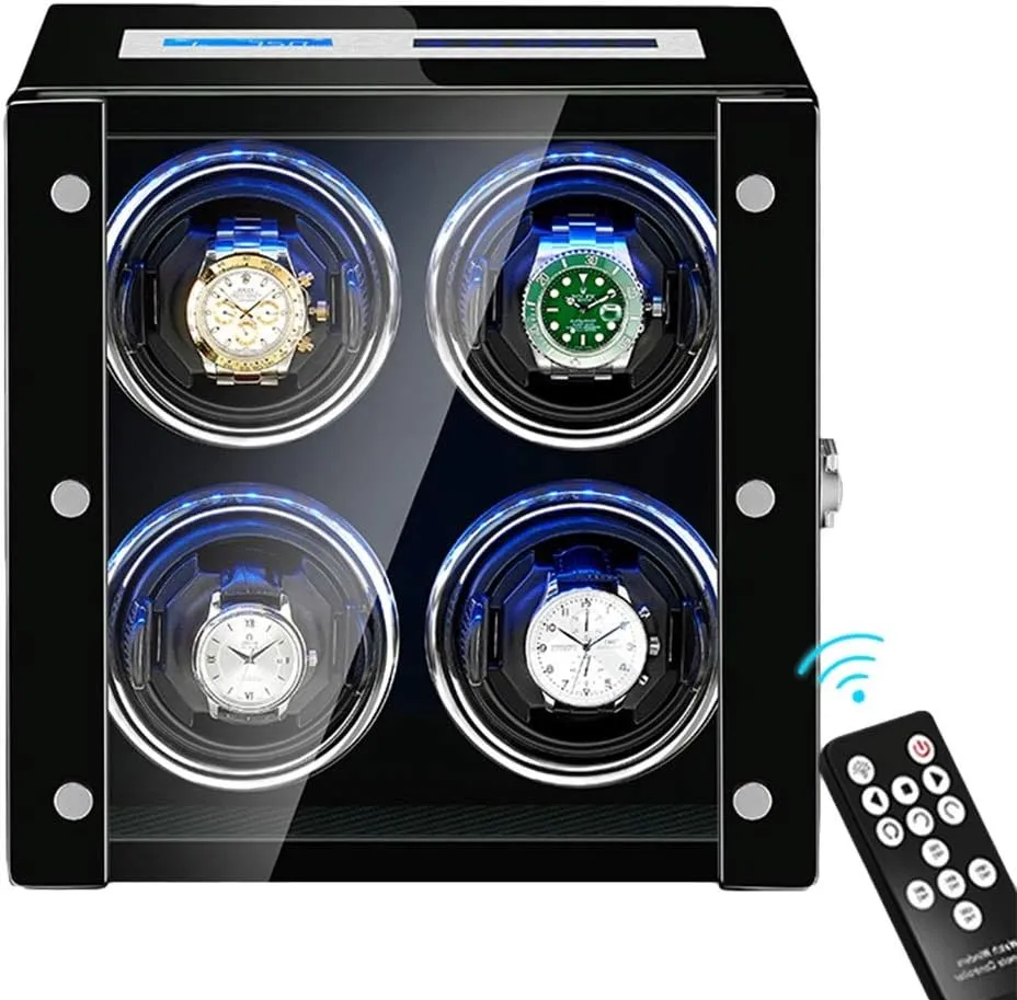 Automatic Watch Winder 4 LCD Touch Screen Display Remote Control LED Backlight Adjustable Watch Pillows Quiet Motor Watch Winder Watch Box Case Watch Storage Display Gift