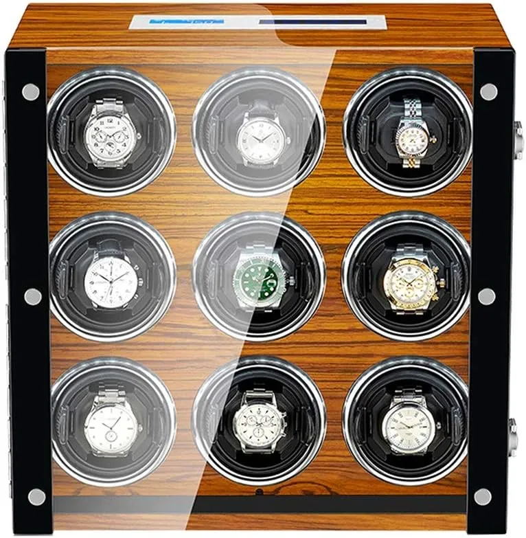 Automatic Watch Winder for 9 Watches LCD Touch Screen LED Backlight Adjustable Watch Pillows Wooden Shell Watch Winder Watch Box Watch Storage Gift