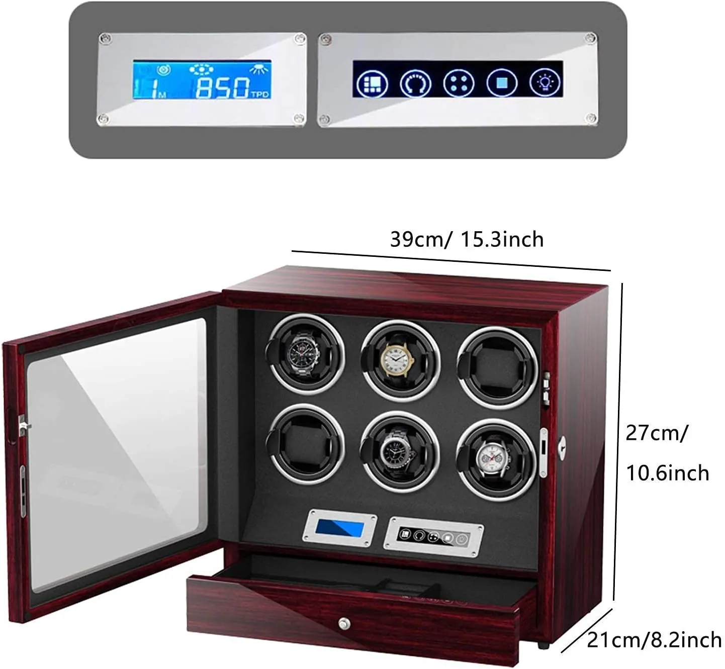 Automatic Watch Winder Wooden Watch Storage Box LCD Touch Screen Piano Paint Exterior Quiet Motor LED Illumination (Black 6 2)