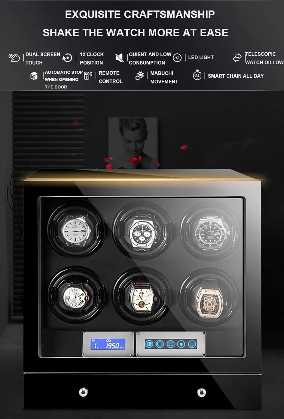 Automatic Watch Winding Box Watches LCD Touch Screen Luxury Mechanical Watch Storage Case With Motor Remote Control LED Lights Display Case (6 0)