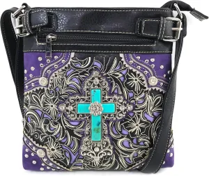 Autumn Floral Turquoise Rhinestone Cross Concealed Carry Crossbody Messenger Bag