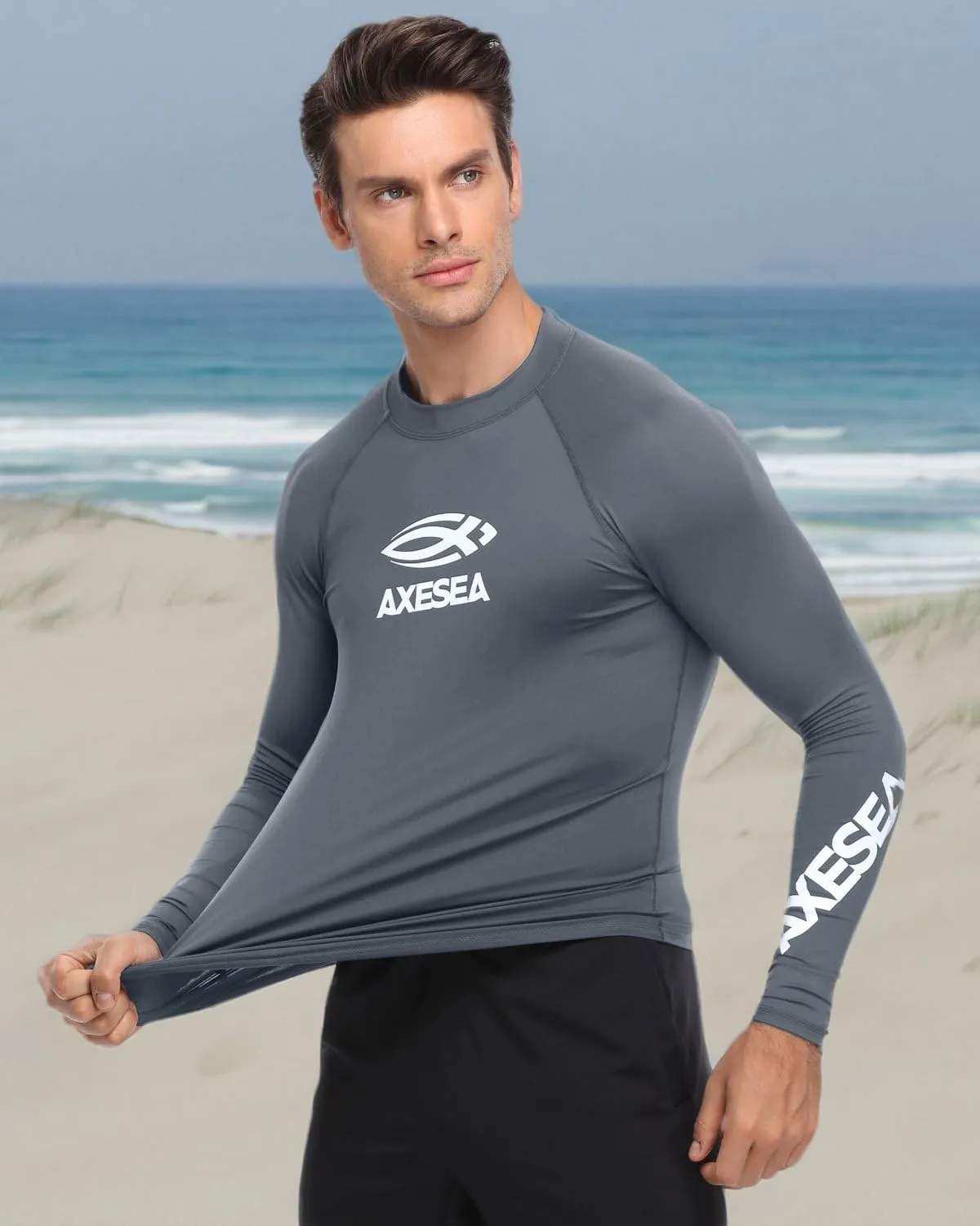 AXESEA Men Long Sleeve Rashguard UPF 50  Rash Guard Swim Shirt Athletic Swim Tops