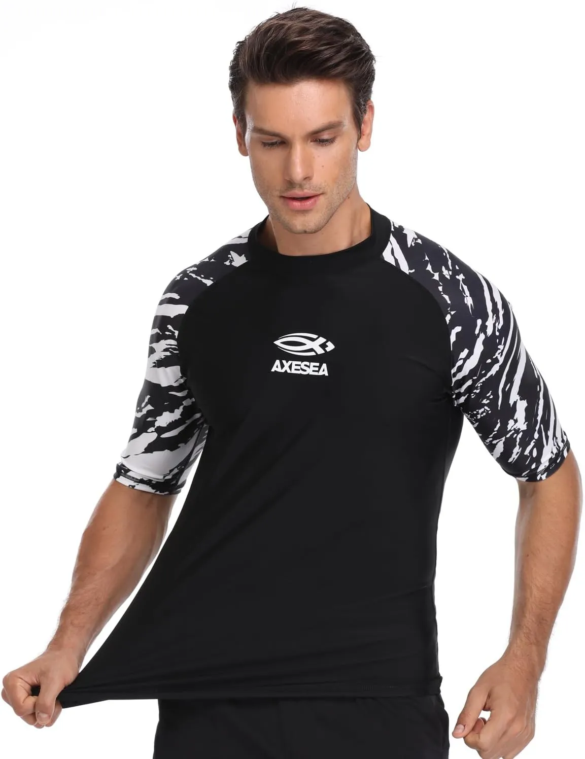 AXESEA Men's Short Sleeve Solid Swimsuit Sun Protection Rashguard Swim Shirt UPF 50 