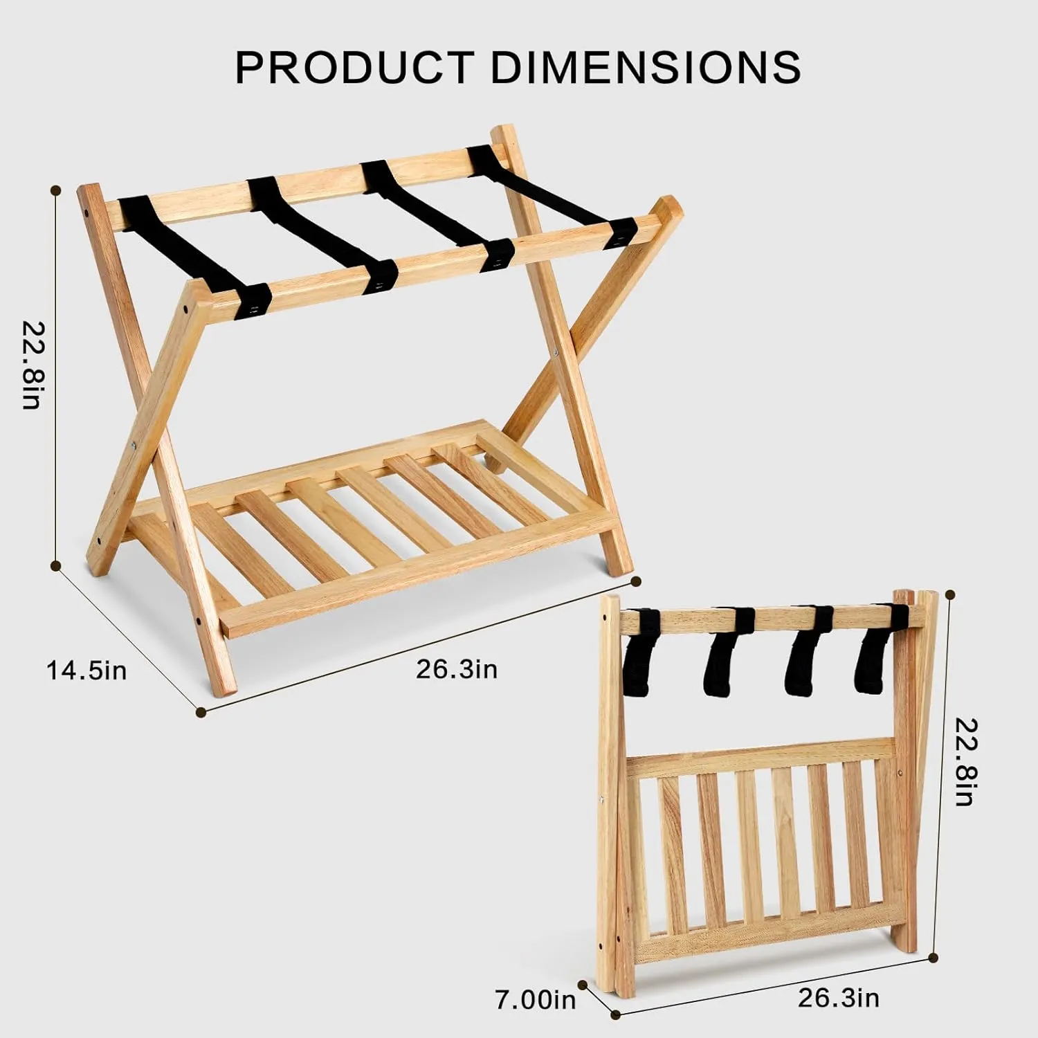 Babion Folding Luggage Racks with Shelf, Wooden Suitcase Stand, 2 Tier Foldable Luggage Racks with Heavy Duty Nylon Belts, Suitcase Bag Holder for Bedroom Guest Room, 2 Pack