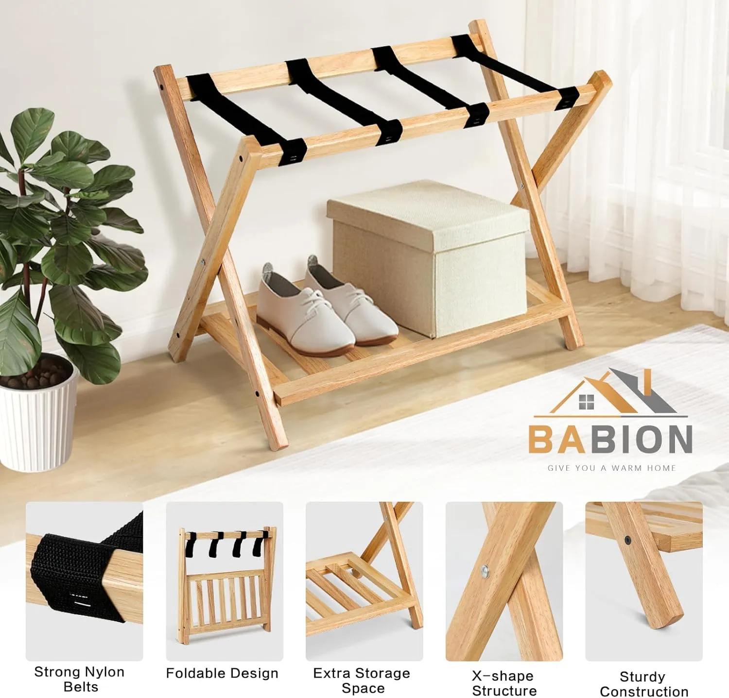 Babion Folding Luggage Racks with Shelf, Wooden Suitcase Stand, 2 Tier Foldable Luggage Racks with Heavy Duty Nylon Belts, Suitcase Bag Holder for Bedroom Guest Room, 2 Pack