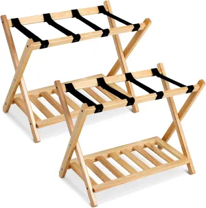 Babion Folding Luggage Racks with Shelf, Wooden Suitcase Stand, 2 Tier Foldable Luggage Racks with Heavy Duty Nylon Belts, Suitcase Bag Holder for Bedroom Guest Room, 2 Pack