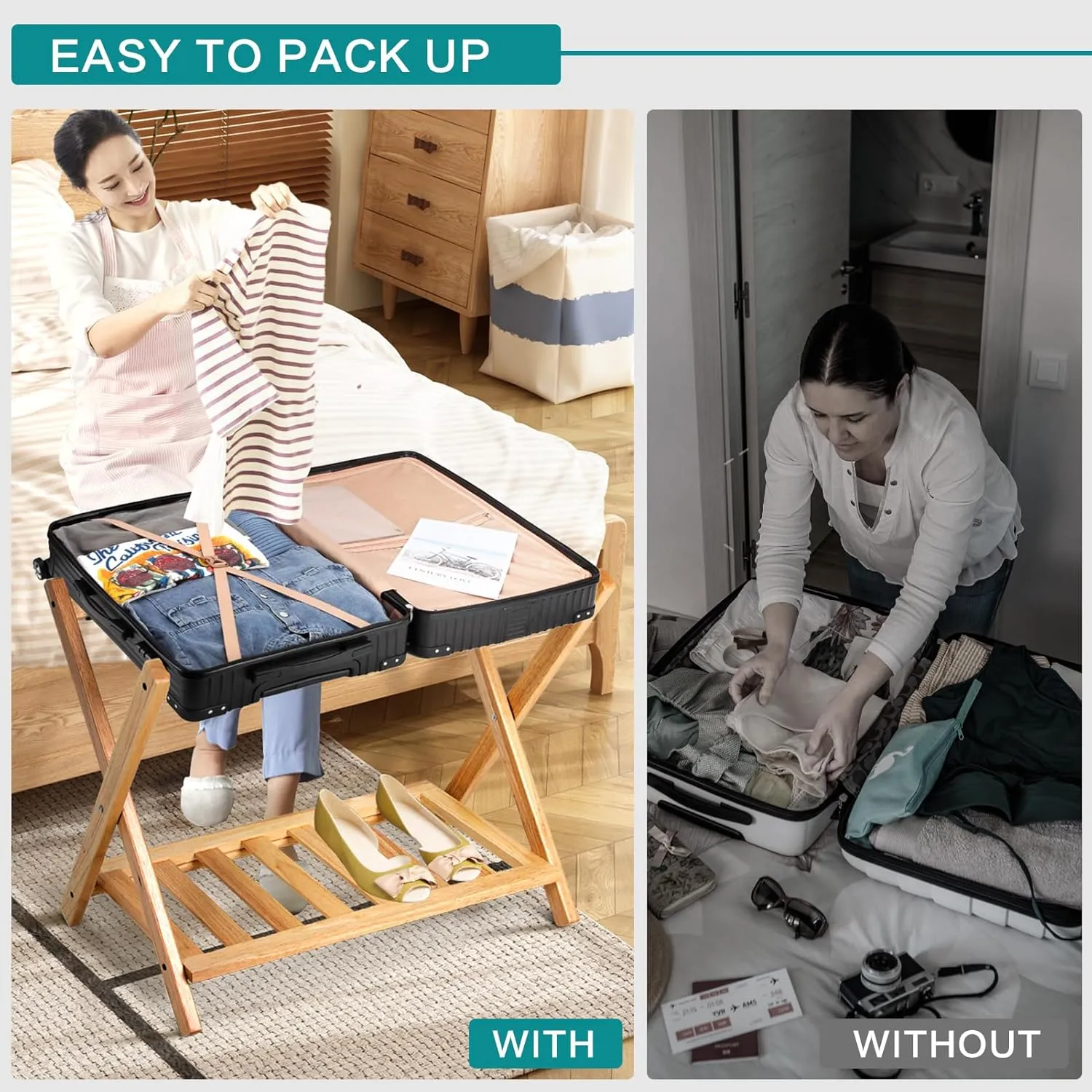 Babion Folding Luggage Racks with Shelf, Wooden Suitcase Stand, 2 Tier Foldable Luggage Racks with Heavy Duty Nylon Belts, Suitcase Bag Holder for Bedroom Guest Room, 2 Pack
