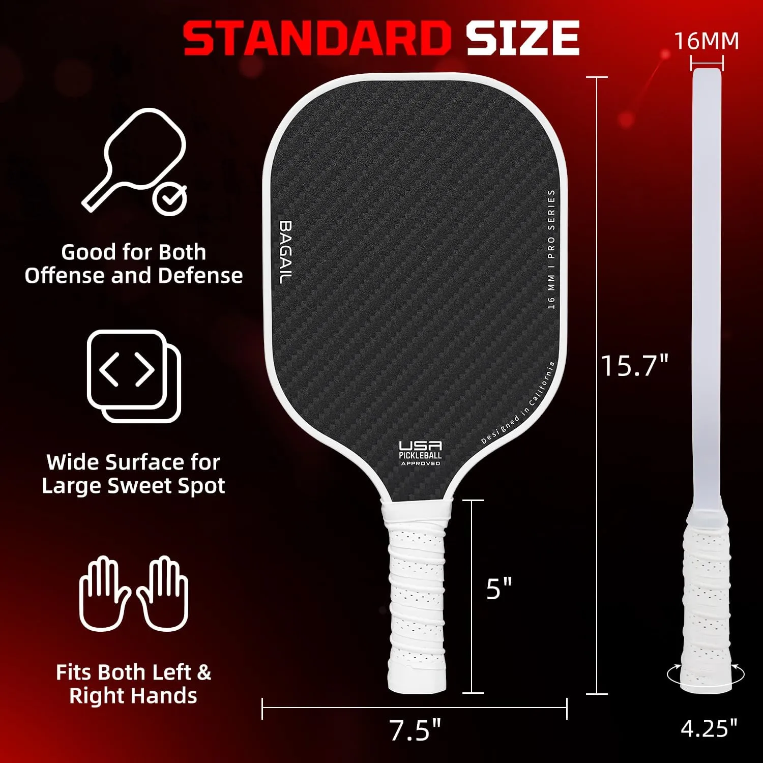 BAGAIL Pickleball Paddles, USAPA Approved Fiberglass Surface Pickleball Set, Lightweight Pickle Ball Rackets with 4 Balls, 1 Bag, Designed in California for Traction and Stability