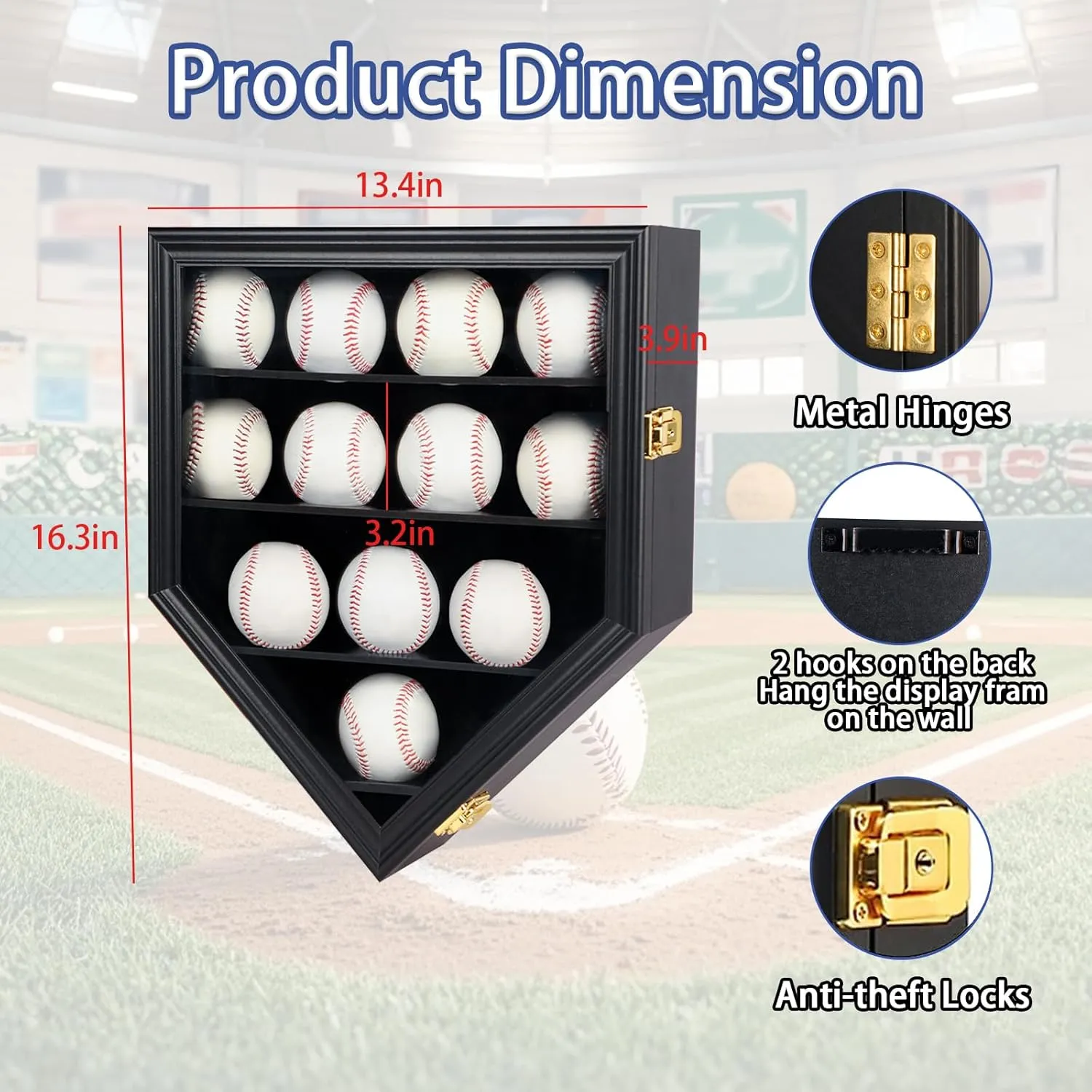 Baseball Display Case Baseball Holders for Balls Display Baseball Ring Display Wall Cabinet with Anti-Theft Lock for Collection Autographed Baseballs