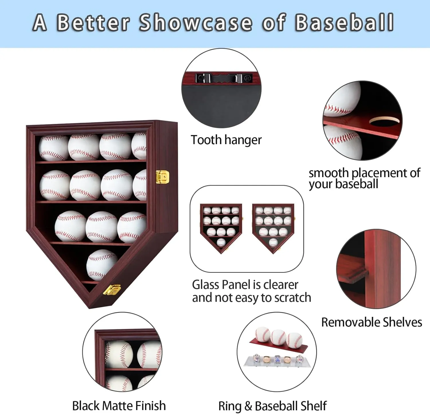 Baseball Display Case Baseball Holders for Balls Display Baseball Ring Display Wall Cabinet with Anti-Theft Lock for Collection Autographed Baseballs
