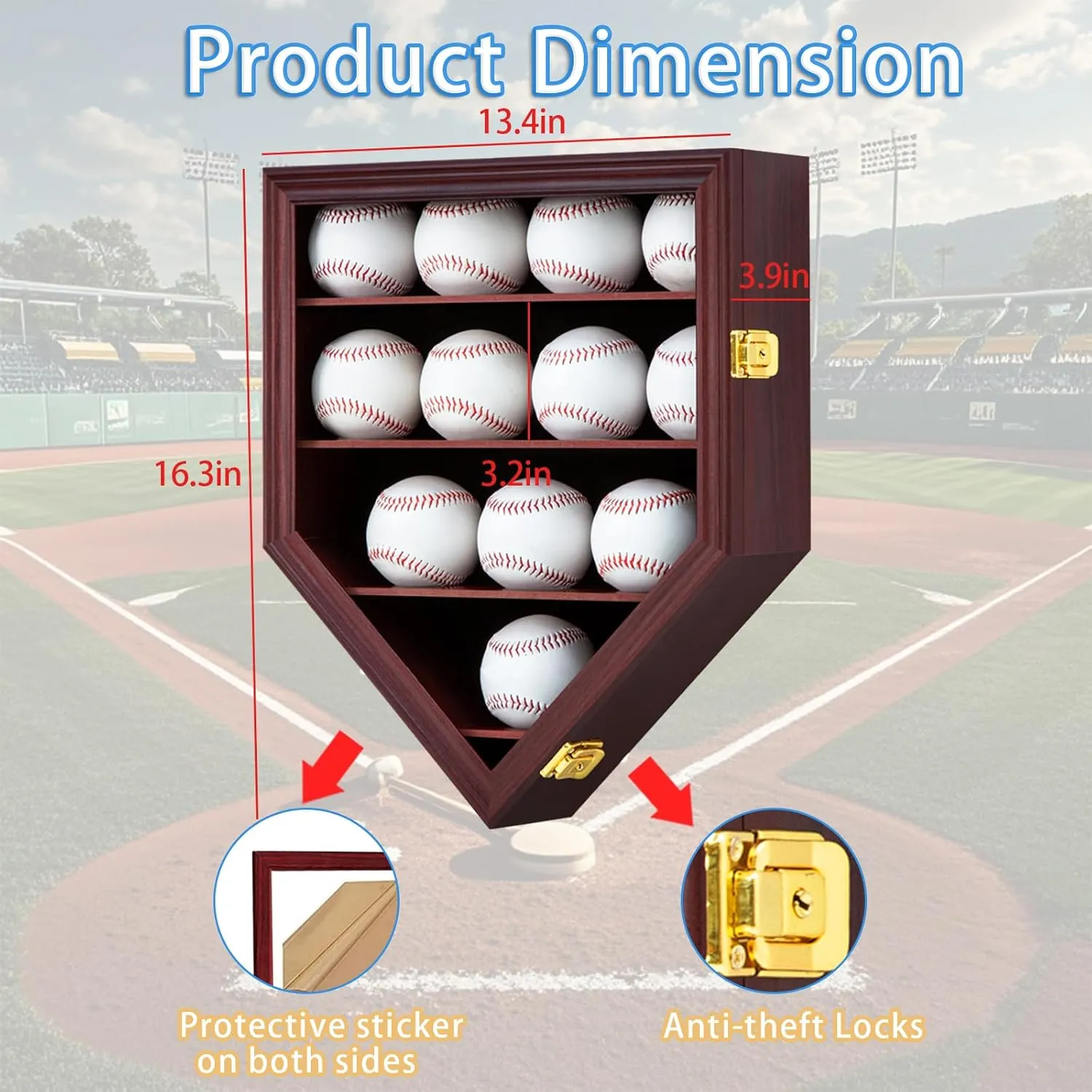 Baseball Display Case Baseball Holders for Balls Display Baseball Ring Display Wall Cabinet with Anti-Theft Lock for Collection Autographed Baseballs
